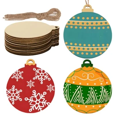 Afbeelding van 24 stuks natuurlijke houten plakjes kerstbal vormige blanco hangende ornamenten kerstboom opknoping decor voor kerst doe het zelf ambachten decoraties
