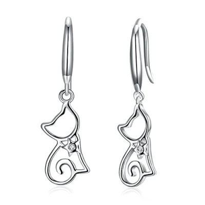 Afbeelding van Belons Womens Oorbellen 925 Sterling zilver Cubic Zirconia Kat Drop Kitten Hangt voor Dames Meisjes, Zilver/Champaign Goud, Zirkonia, Zirkonia