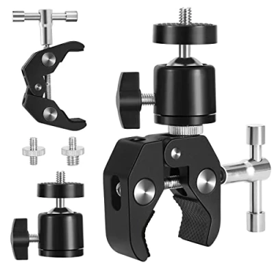 Afbeelding van Super klem statief set articuleerd kogelkop flitsschoen statiefkop met 1/4 inch 3/8 schroefdraad adapter, gaten instelbaar klemstatief voor camera&#039;s, flitslicht, statief, LCD/DV monitor