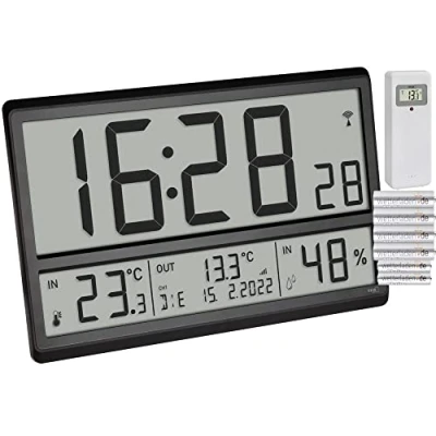 Afbeelding van TFA Dostmann Digitale XL wandklok, 60.4523.01, met buitentemperatuur en binnenklimaat, radioklok, 24 uurs weergave, volledige datum, zwart batterijen