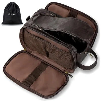 Afbeelding van Elviros Waterbestendige lederen toilettas voor mannen grote reistas scheren Dopp Kit Badkamer Gym Toiletten Make up Organizer met natte droge tas (Donkergrijs, 30,5 x 17 18 cm)