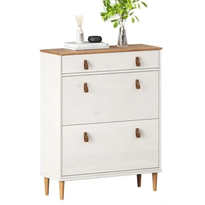 Afbeelding van IDIMEX Mikka Schoenenkast met 2 kleppen, 1 lade, wit/eiken, smalle schoenenkast, schoenenopslag stijlvolle handgrepen, ruimtebesparende schoenenorganizer smal