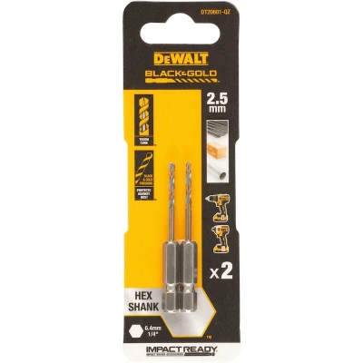 Afbeelding van DeWalt Accessoires DT20601 QZ Metaalboor 2.5 mm Impact black &amp; gold Hex 2 stuks
