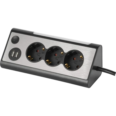 Afbeelding van MaxTrack bureau stekkerdoos met 3 contacten en 2x USB / zwart meter