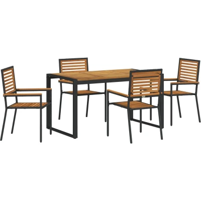 Afbeelding van vidaXL 5 delige Tuin Eettafelset Zwart Poly Rattan Acacia, Stapelbare Tuinstoelen met Kussens 2 stuks