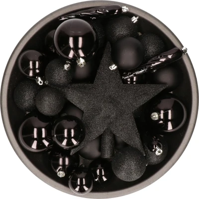 Afbeelding van 33x stuks kunststof kerstballen met piek 5 6 8 cm zwart incl. haakjes Kerstbal