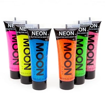 Afbeelding van Moon Glow neon 6 x 12 ml UV Glitter Gel Bodypaint lichaamsverf blacklight fluorescerende schmink bodypainting kleuren lichtgevende