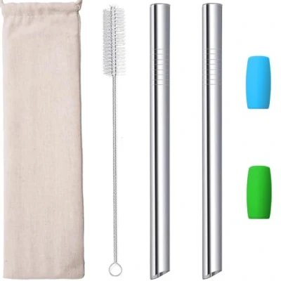 Afbeelding van Metalen Boba Rietjes Herbruikbare Smoothies 10&quot; Roestvrij Staal Stro Hoekige Tips 0,5&quot; 1/2 In Breed voor Jumbo Bubble Thee Milkshakes Tapioca Parel Met Siliconen Geval Borstel 2 Stks