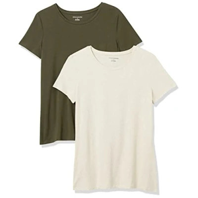 Afbeelding van Amazon Essentials Women&#039;s T shirt met korte mouwen en ronde hals in klassieke pasvorm, Pack of 2, Havermout/Olijfgroen, L