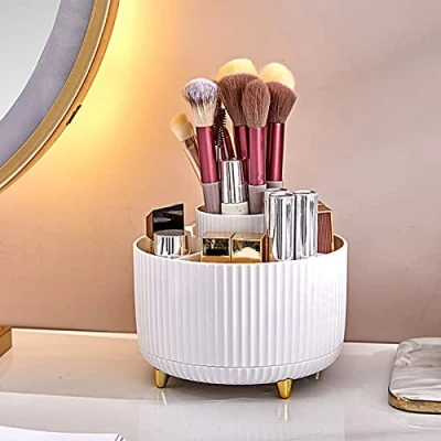 Afbeelding van 360 roterende make up organizer, cosmetische opslag huidverzorging draaiende houder lippenstiften borstels parfum displaystandaard doos voor uptafel, dressoir, slaapkamer, badkamer (wit)