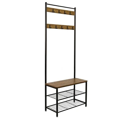 Afbeelding van Meerveil Kapstok Stand, Schoenenrek, Kledingrek, Schoenopslag Bank met 9 haken, Metalen Hall Boom, Frame voor slaapkamer, Living, Kamer hal (bruin), Retro