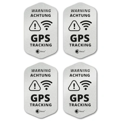 Afbeelding van iSecur hin_835 Set van 4 GPS tracking stickers, 3 x 5 cm, waarschuwing beveiligd, buitenklevend, weerbestendig, zilver metallic,