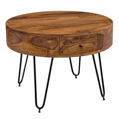 Afbeelding van WOHNLING tafel Sheesham massief hout/metaal 60x44.5x60 cm woonkamer Design bijzettafeltje met laden Kleine salontafel rond bruin