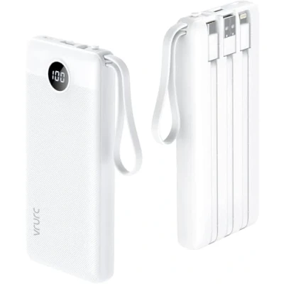 Afbeelding van VRURC Powerbank 10000mAh met geïntegreerde laadkabel draagbare oplader USB C Power Bank LED display, externe mobiele telefoon batterij compatibel iPhone Huawei Samsung Smartphone en meer (wit)