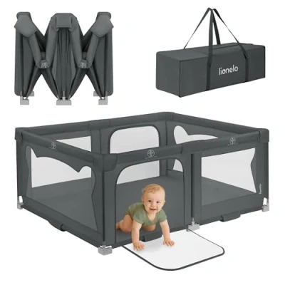Afbeelding van LIONELO Florence Easy Fold Babybox XL 150x180 cm (0 48 Maanden), Opvouwbaar en Lichtgewicht, Snel Opzetten Zonder Gereedschap, Ademend Net 360, 2 Zij ingangen met Rits, Inclusief Draagtas, Grijs