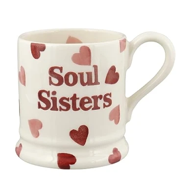 Afbeelding van Emma Bridgewater Grote mok 1/2 Pint, keramische koffiemok groot aardewerk mok, cappuccino, latte, koffie, theekop mooie kopjes, verjaardagscadeau roze harten soul zusters