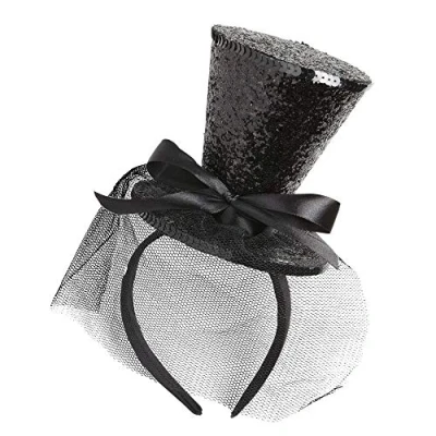 Afbeelding van &quot;ZWARTE GLITTER MINI TOPHOED OP HOOFDBAND MET BOOG &amp; VEIL&quot;