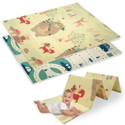 Afbeelding van HUMBI Speelmat voor baby&#039;s, kruipmat, XPE schuim, dubbelzijdig, flatbaar, waterdicht, extra maat, babymat, antislip, 120 x 180 cm, teddy&#039;s, vossen en auto&#039;s