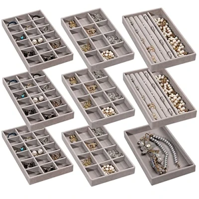 Afbeelding van Frebeauty Sieraden Organizer Tray, Stapelbare Fluwelen Trays, Lade Inserts Earring voor Vrouwen Meisjes Opslag Display Case Ringen Stud Kettingen, Set van 9 (Grijs)