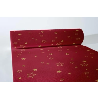 Afbeelding van Sovie HORECA Linclass Airlaid tafelloper Liam Bordeaux 40cm x 24m Kerstmis perforatie om de 120 cm met sterren en ornamenten