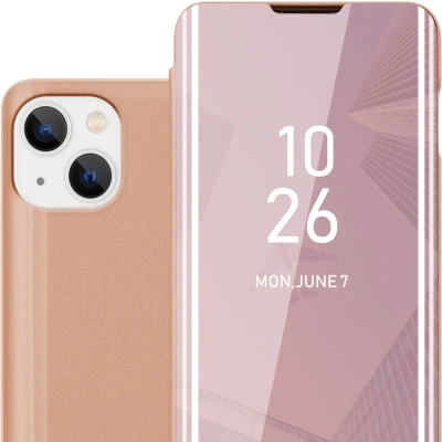 Afbeelding van Cadorabo Hoesje geschikt voor Apple iPhone 14 in KUNZIET ROZE Clear View Spiegel Beschermende Case met Tribunefunctie 360 Graden Bescherming Book Cover Etui
