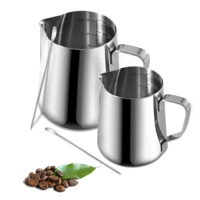 Afbeelding van Omtofo Melkkannetje, 350 ml + 550 melkkannetje van roestvrij staal, barista met maataanduiding en latte art pen, voor espresso, melkopschuimer, cappuccino melkkan, art,