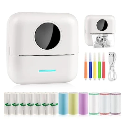 Afbeelding van GuKKK Mini printer, mobiele fotoprinter, draagbaar, draadloze thermische met 13 rollen printerpapier en 5 viltstiften, voor leerhulp, studienotities, dagboek, notities, lijst