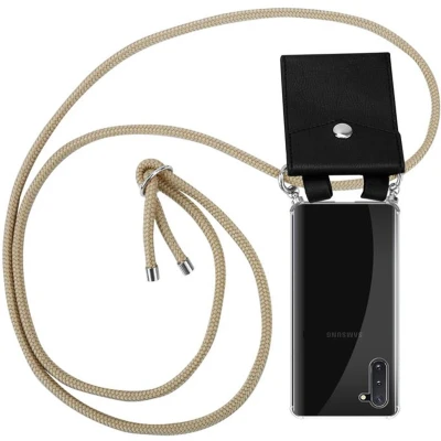 Afbeelding van Cadorabo Hoesje geschikt voor Samsung Galaxy NOTE 10 in GLANZEND BRUIN Silicone Mobiele telefoon ketting beschermhoes met zilveren ringen, koordriem en afneembaar etui