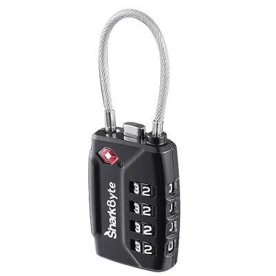 Afbeelding van SharkByte TSA Koffersloten 4 Dial Security Travel Combinatie Hangslot, Flexibel Draadkabel Reisslot voor Koffers Bagage Case Reistas Gym Locker Code Klein Hangslot (Pack van 1)