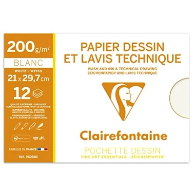 Afbeelding van Clairefontaine 96258C map tekenpapier (ideaal voor technische tekeningen, DIN A4, 21 x 29,7 cm, 12 vellen, 200 g) wit