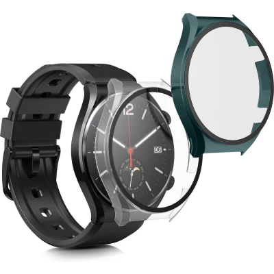 Afbeelding van kwmobile 2x cover geschikt voor Xiaomi Watch S1 Fitnesstracker van gehard glas en kunststof frame set transparant / groen