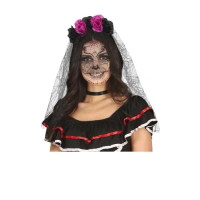Afbeelding van Halloween thema diadeem met bloemen en sluier one size zwart/roze meisjes/dames