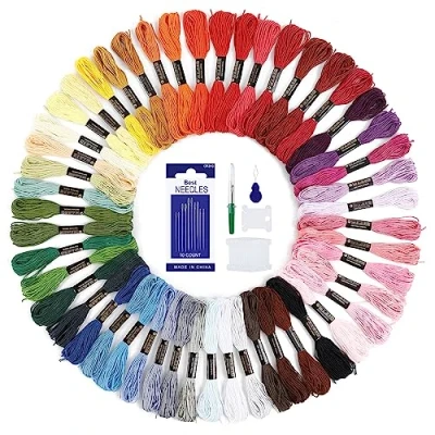 Afbeelding van Romon Borduurgaren, 50 kleuren, meerkleurig, met accessoires, gereedschap voor borduurwerk, kunst en kruissteek, 8 m (50 kleuren)
