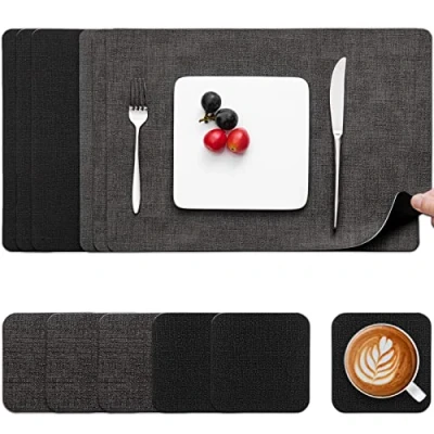 Afbeelding van Myir JUN Lederen Placemat en Onderzetters, Tafelmatten Waterdichte Afveegbare Dubbelzijdige Plaats Matten Koffiematten Antislip Wasbare Placemats Coaster (Grijs Zwart, Sets 6)