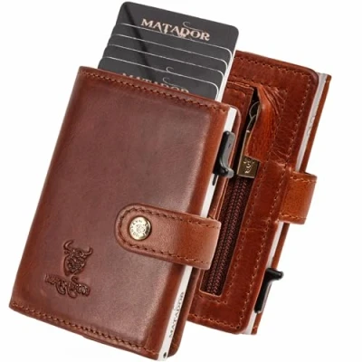 Afbeelding van MATADOR Slim Wallet Miami lederen creditcardhouder met pop up kaarthouder RFID bescherming &amp; muntvak mini portemonnee kleine voor mannen geschenkdoos, bruin (vintage