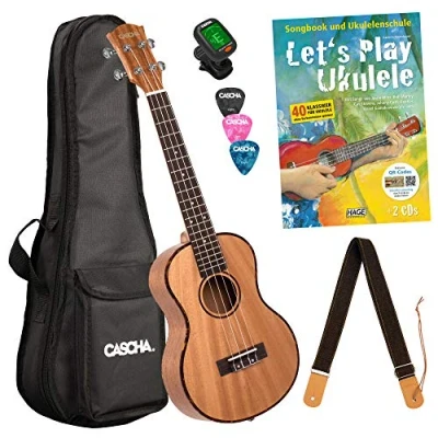 Afbeelding van Cascha Premium mahonie sopraan ukelele, kleine Hawaii gitaar, Ukelele voor beginners, met acquilasnaren en 3 plectra Let&#039;s Play beginnersset 26 inch Tenor