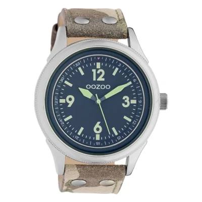 Afbeelding van OOZOO Timepieces Zilverkleurige horloge met camouflage leren band C10353