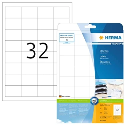Afbeelding van HERMA 8643 Universele etiketten A4 klein (48,3 x 33,8 mm, 10 vellen, papier, mat) zelfklevend, bedrukbaar, permanente klevende adreslabels, 320 voor printer, wit
