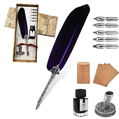 Afbeelding van Kalligrafie Set voor Engelse letters,Quill Pen en Inkt with 5 Replacement Nibs, Ink, 2 enveloppen 4 briefvellen.
