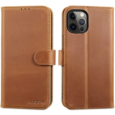 Afbeelding van Lensun Beschermhoesje voor iPhone 12 Pro Max, echt lederen hoes met RFID blokkering, boek portefeuille, magneetsluiting, flipcase, leren retro bruin