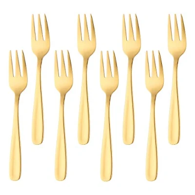 Afbeelding van Dessertvorken, roestvrij staal, taartvork, fruitvork, 8 stuks, gouden vorken, set spiegelglans, 13,6 cm