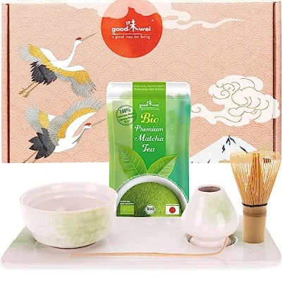 Afbeelding van Goodwei matcha thee Set voor Japanse theeceremonie, 6 delig schaal, bezemhouder en dienblad in passend design met echte biologische uit Japan (Shiro)