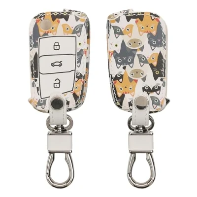 Afbeelding van kwmobile Autosleutel hoesje geschikt voor VW Golf 7 MK7 3 knops behuizing Case in oranje / zwart wit Katten design