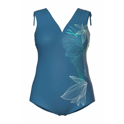 Afbeelding van Ulla Popken Floral Motif Badpak, Dames, Maat: 42, Dark teal