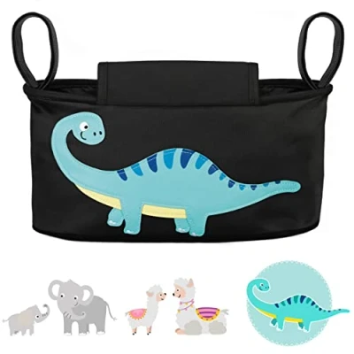 Afbeelding van GLÜCKSWOLKE Kinderwagen Organizer 12 Motieven I Kinder Buggy Tas Kinderwagentas met Disposer van vochtige doekjes Wandelwagen Opbergtas voor Baby Stroller Pram Dinosaurus (Zwart)