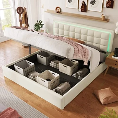 Afbeelding van Idemon Gestoffeerd bed, tweepersoonsbed met lattenbodem en ledstrip, bed opbergruimte, wit kunstleer, 180 x 200 cm (180 cm)