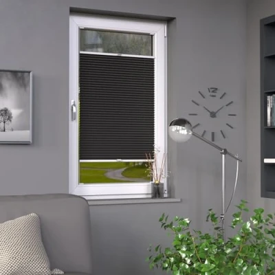 Afbeelding van Deco Raum plissé op maat, zwart raam rolgordijn, zonwering, inkijkbescherming, lichtdoorlatend rolgordijn voor ramen en deuren, B: 141 150 cm, H: 151 200 cm