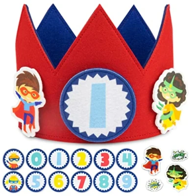 Afbeelding van Superhelden verjaardagskroon met verwisselbare getallen van 0 tot 9 &amp; themafiguren BONNYCO Verjaardagsgeschenken 1ste verjaardag jongens meisjes, feestdecoraties,