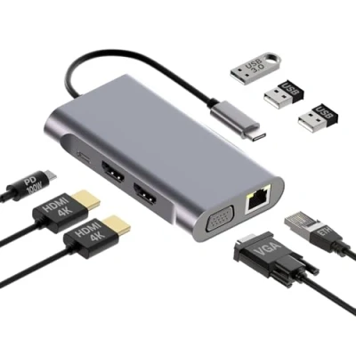 Afbeelding van MMOBIEL USB C naar Dual HDMI Hub 8 in 1 &amp; 100W PD Adapter Docking Station voor 3.0, 2x 2.0, HDMI, VGA, en ETH Drievoudige weergave laptops, tablets etc. Aluminium