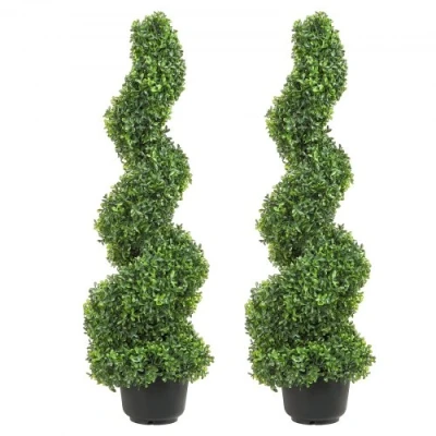 Afbeelding van VEVOR 2 stuks kunstbuxus toren vormsnoei spiraal kunstplant 91cm hoge decoratieve plant Groene plastic gemaakt van PE ijzer planten inclusief 10 vervangende bladeren